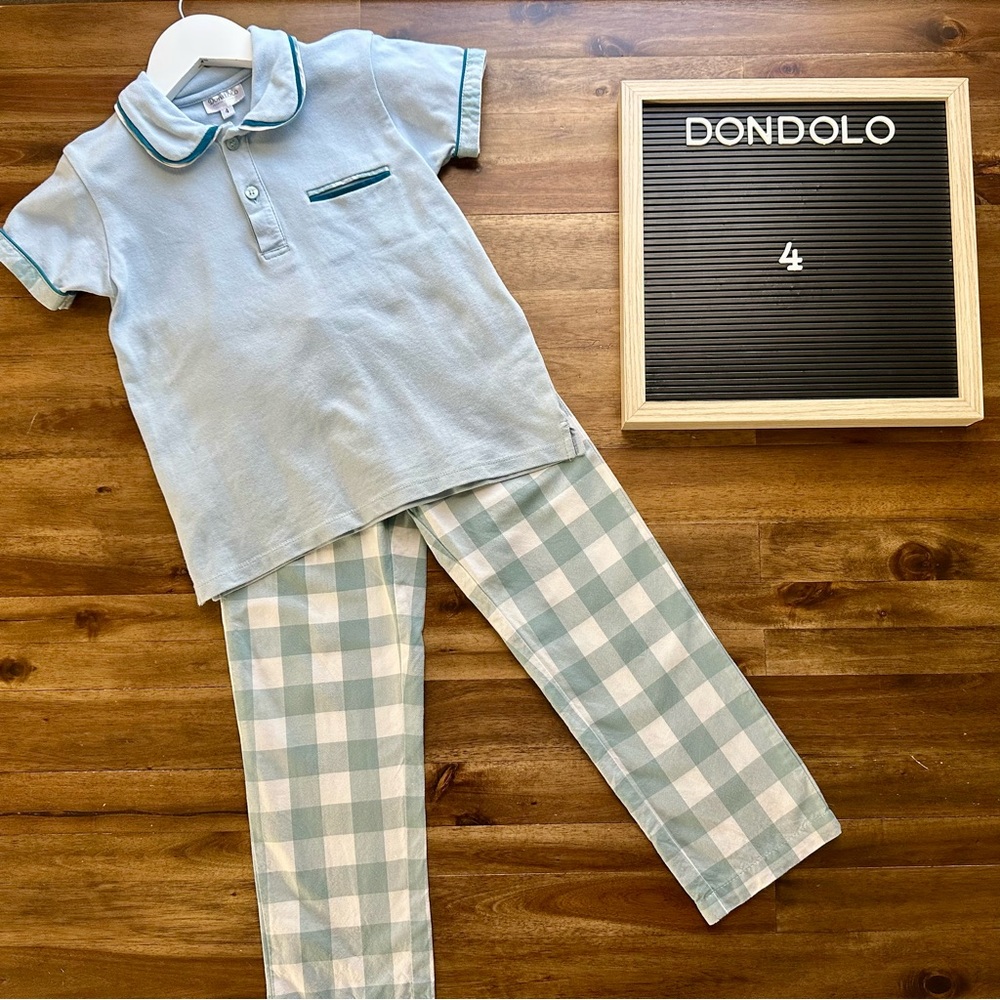 Dondolo Blue Checked Clive Short Sleeve Polo Top Pants Set Boys Cotton Preppy 4